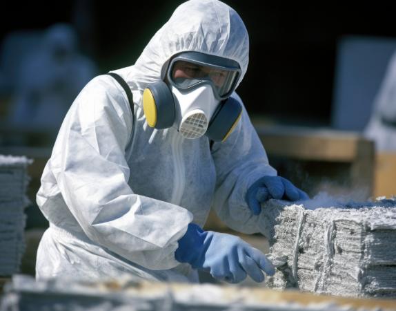 Asbestos removal expert moving contaminated material